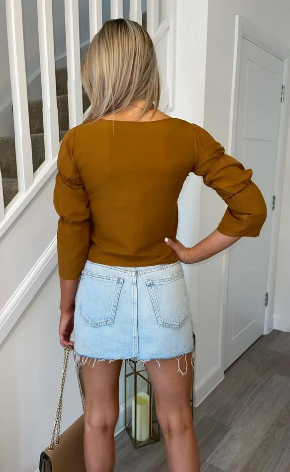 Kelsey Tan Long Sleeve Ruched Top Women Missfiga Tops Kelsey Tan Long Sleeve Ruched Top Women Missfiga Tops