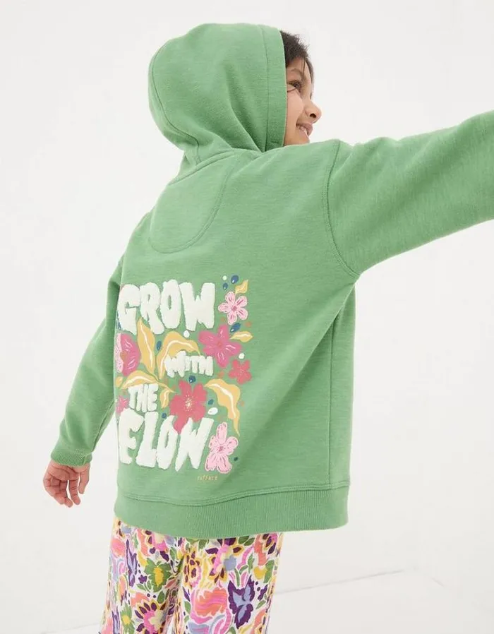 Kids FatFace Sweatshirts and Hoodies Grow With The Flow Hoodie Washed Green