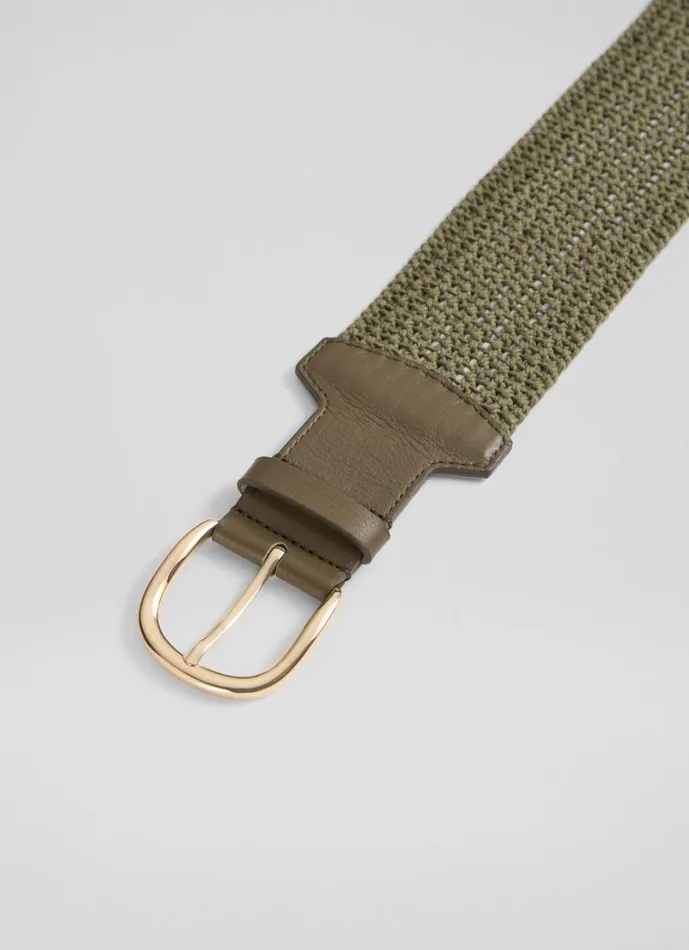 LKBennett Belts Women Eliana Khaki Woven Cotton And Leather Wide Belt LKBennett Belts Women Eliana Khaki Woven Cotton And Leather Wide Belt