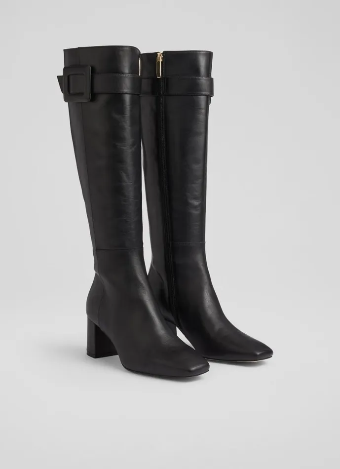 LKBennett Boots Women Carlotta Black Covered Buckle Knee High Boot