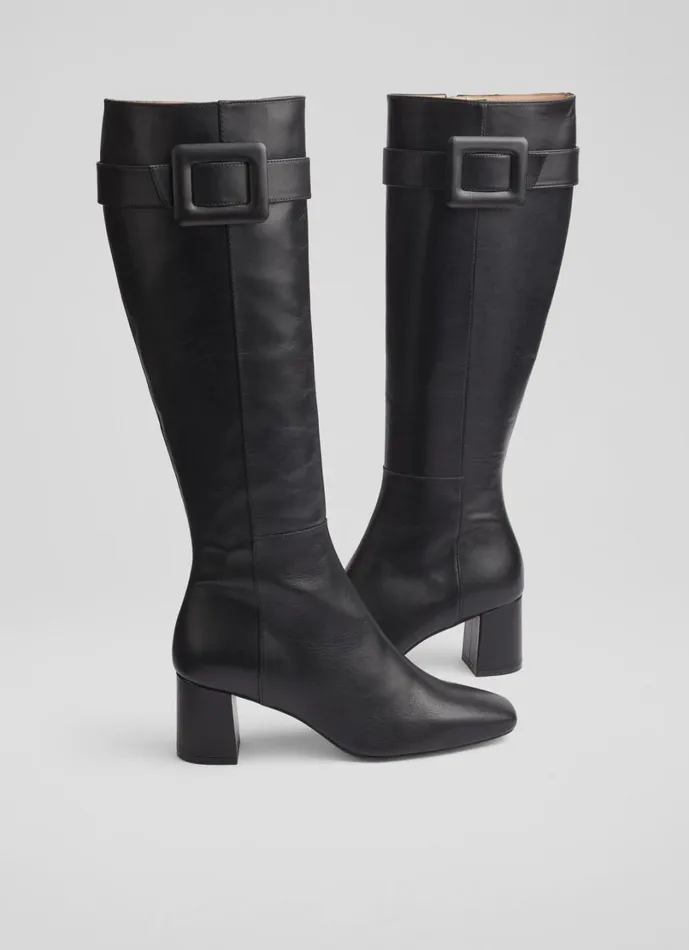 LKBennett Boots Women Carlotta Black Covered Buckle Knee High Boot
