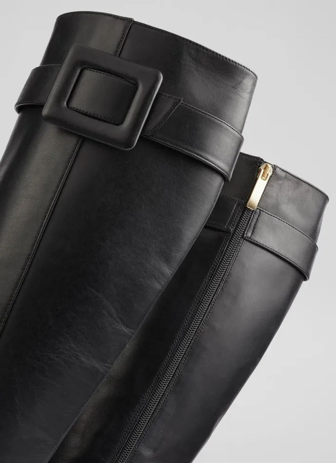 LKBennett Boots Women Carlotta Black Covered Buckle Knee High Boot
