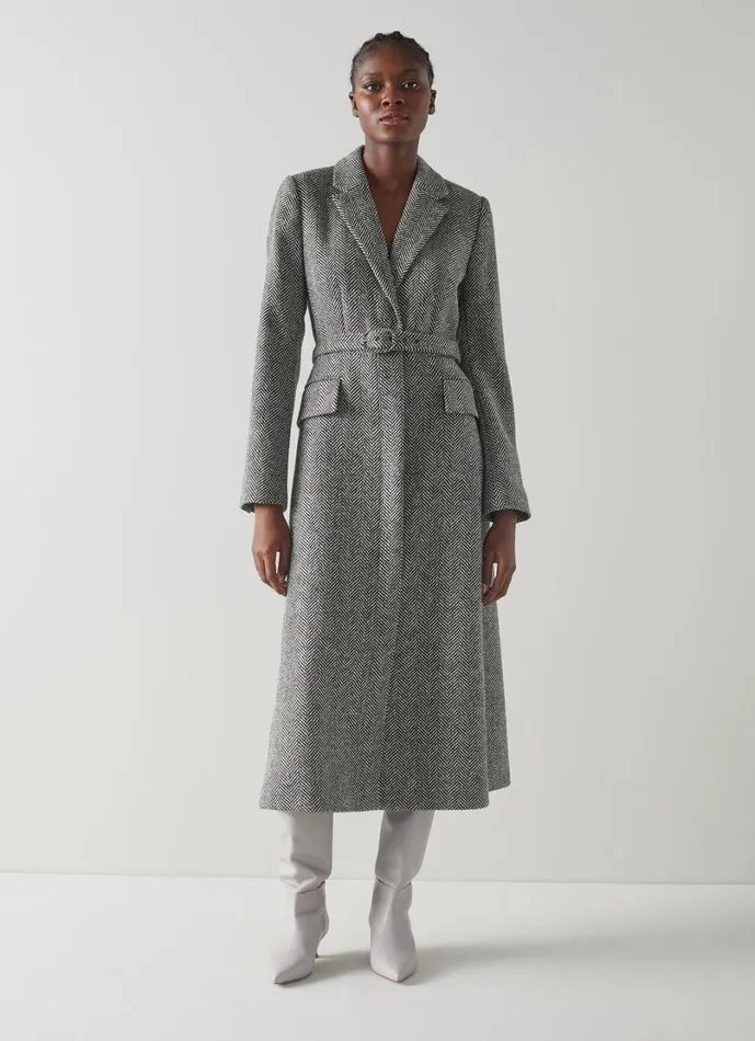 LKBennett Coats and Jackets Women Christie Black And White Herringbone Dress Coat LKBennett Coats and Jackets Women Christie Black And White Herringbone Dress Coat