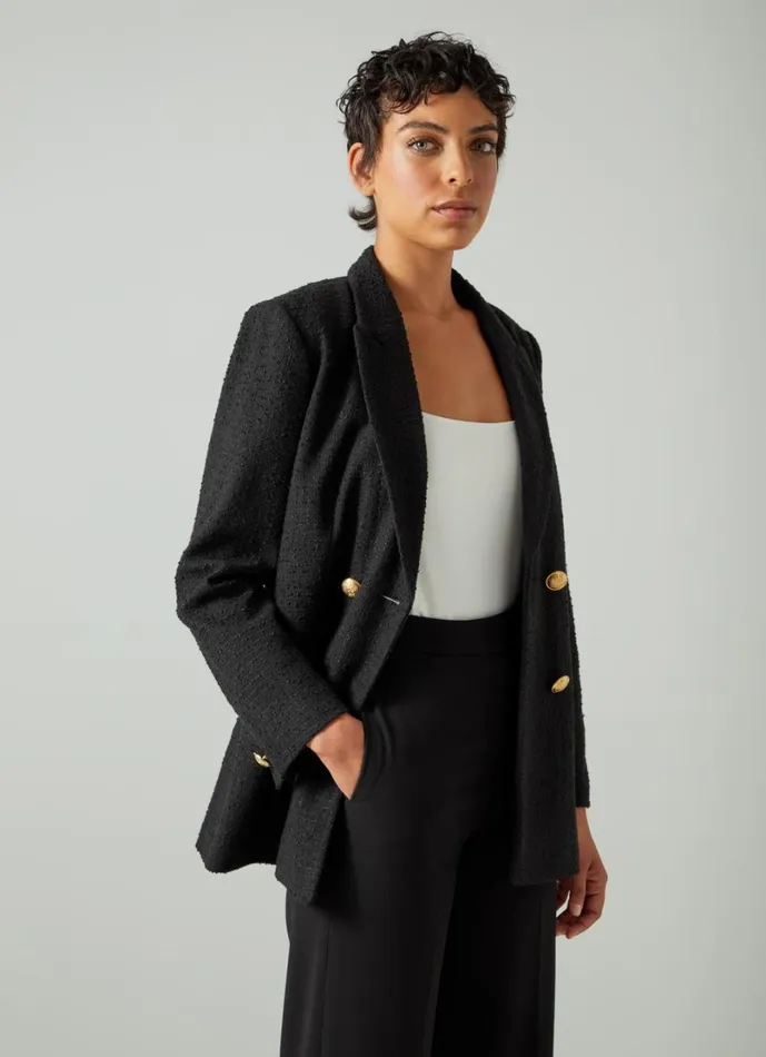 LKBennett Coats and Jackets Women Mariner Black Tweed Recycled Cotton Double Breasted Tailored Jacket