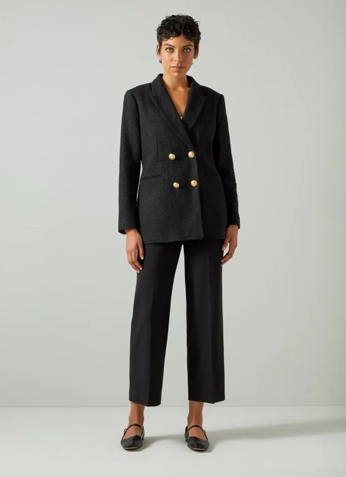 LKBennett Coats and Jackets Women Mariner Black Tweed Recycled Cotton Double Breasted Tailored Jacket