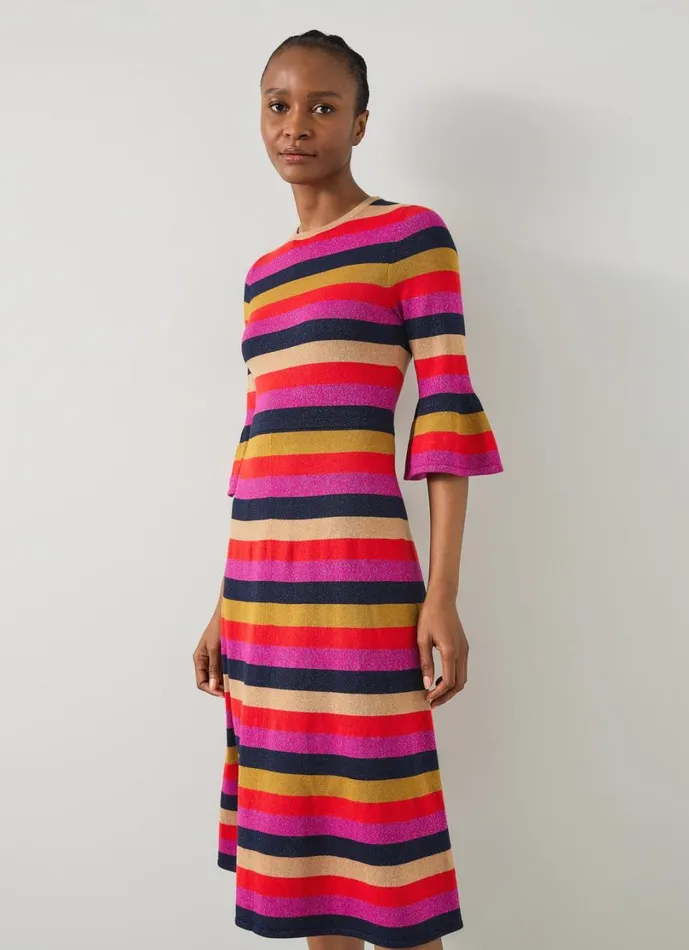 LKBennett Dresses Women Alice Pink Multi Stripe Metallic Knit Frill Dress
