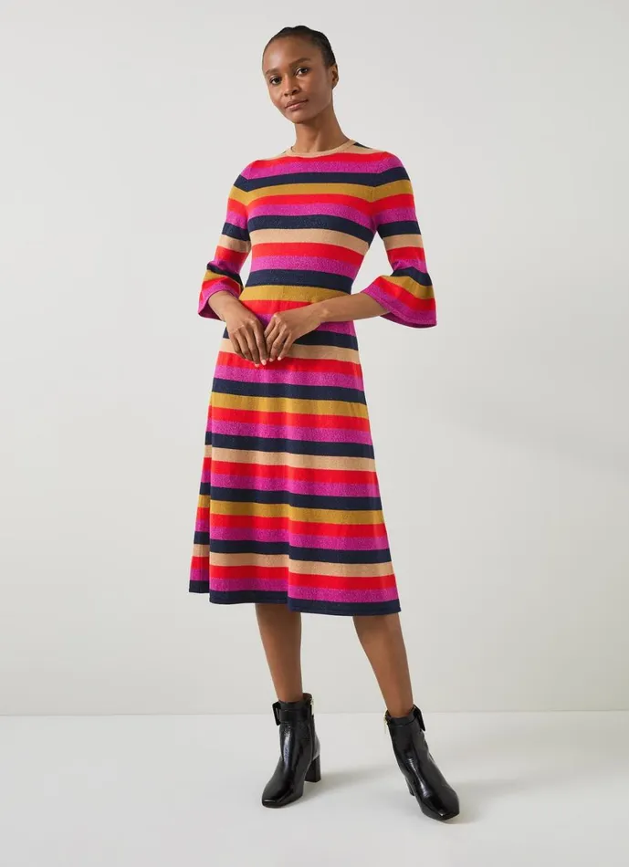 LKBennett Dresses Women Alice Pink Multi Stripe Metallic Knit Frill Dress