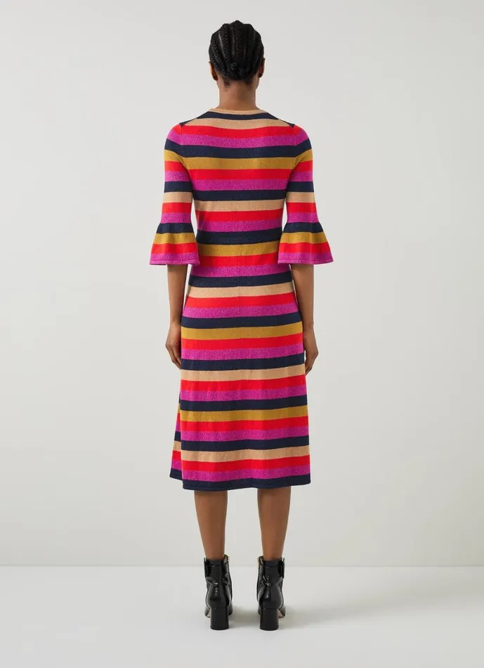 LKBennett Dresses Women Alice Pink Multi Stripe Metallic Knit Frill Dress