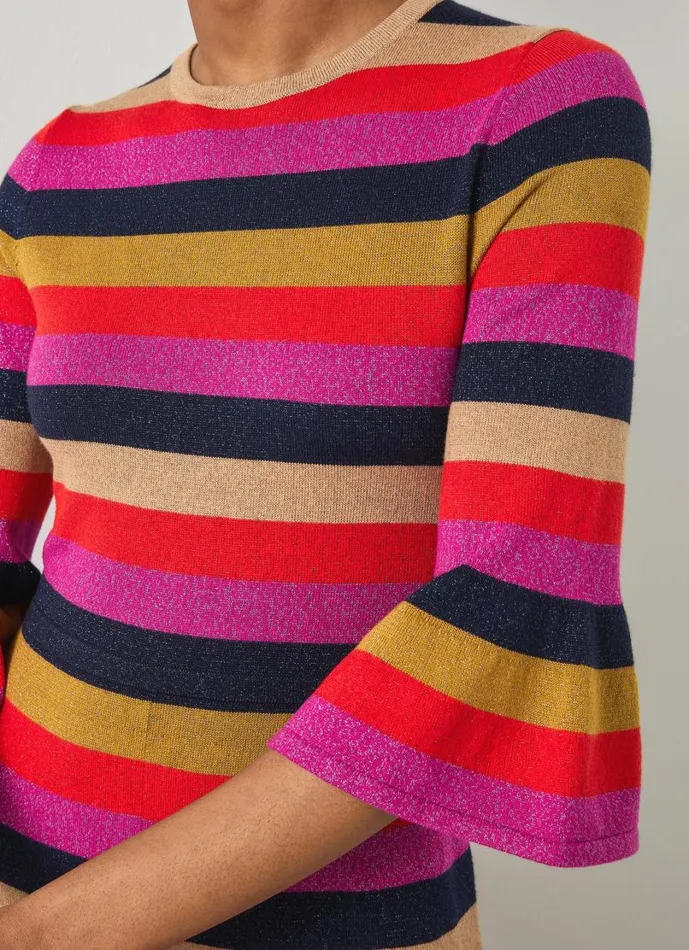 LKBennett Dresses Women Alice Pink Multi Stripe Metallic Knit Frill Dress