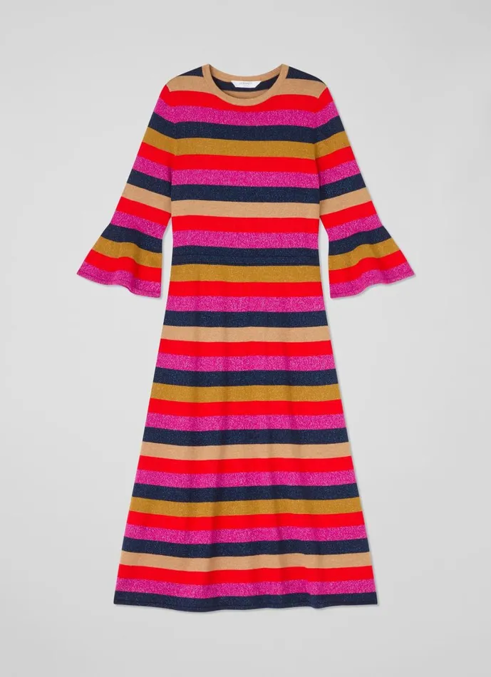 LKBennett Dresses Women Alice Pink Multi Stripe Metallic Knit Frill Dress