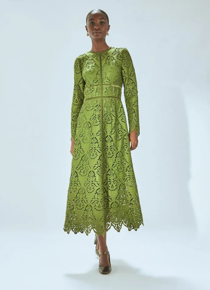 LKBennett Dresses Women Gracie Moss Green Velvet Trimmed Lace Dress