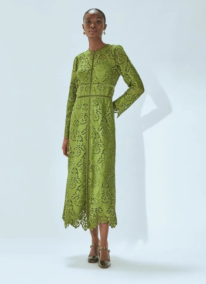 LKBennett Dresses Women Gracie Moss Green Velvet Trimmed Lace Dress