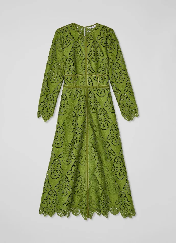 LKBennett Dresses Women Gracie Moss Green Velvet Trimmed Lace Dress