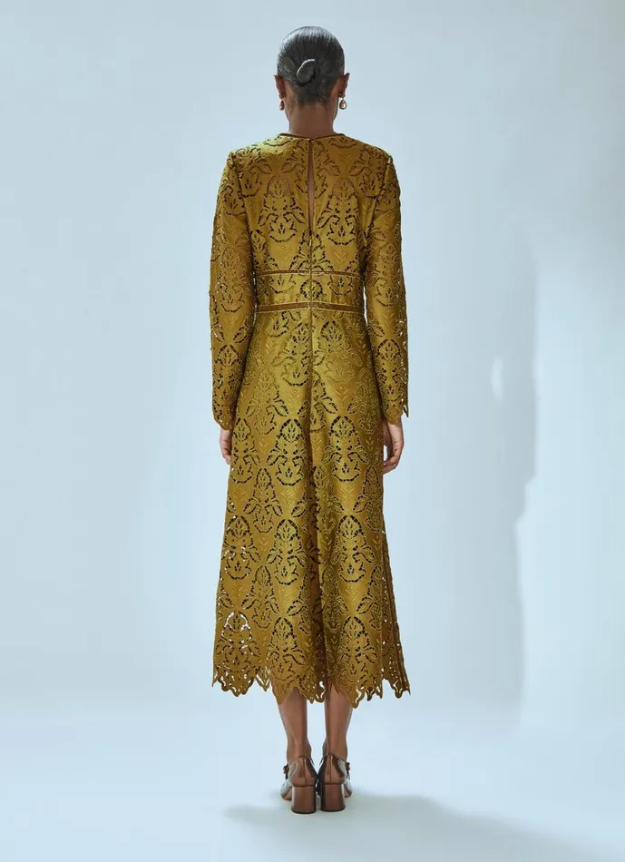 LKBennett Dresses Women Gracie Moss Green Velvet Trimmed Lace Dress