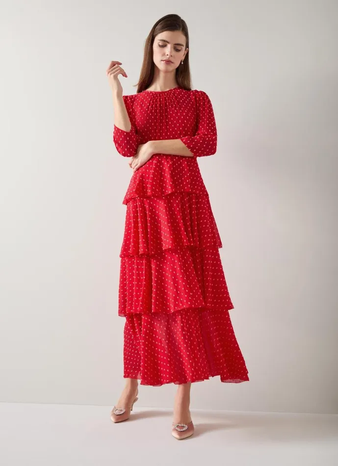 LKBennett Dresses Women Poppy Red Poinsettia Tiered Dress