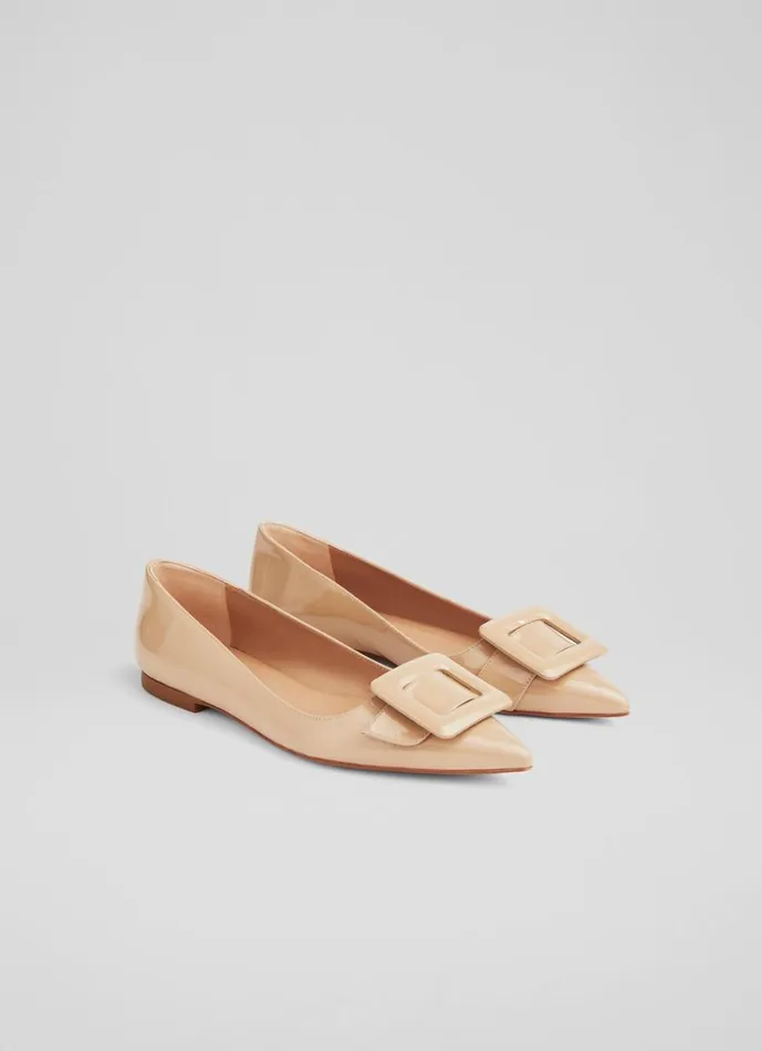 LKBennett Flats Women Devon Beige Patent Leather BuckleDetail Flats LKBennett Flats Women Devon Beige Patent Leather BuckleDetail Flats