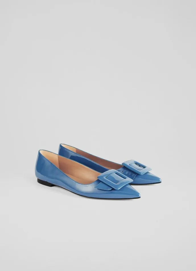 LKBennett Flats Women Devon Blue Patent Leather Buckle Flats LKBennett Flats Women Devon Blue Patent Leather Buckle Flats
