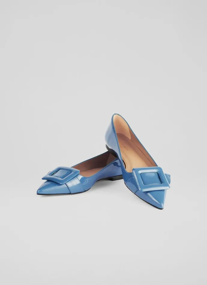 LKBennett Flats Women Devon Blue Patent Leather Buckle Flats LKBennett Flats Women Devon Blue Patent Leather Buckle Flats