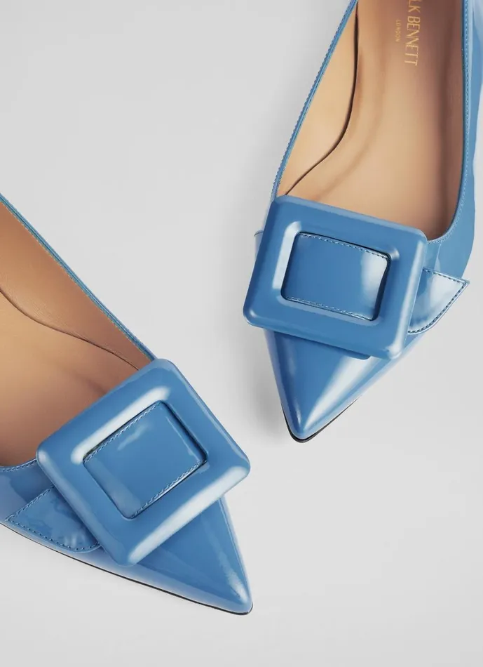 LKBennett Flats Women Devon Blue Patent Leather Buckle Flats LKBennett Flats Women Devon Blue Patent Leather Buckle Flats