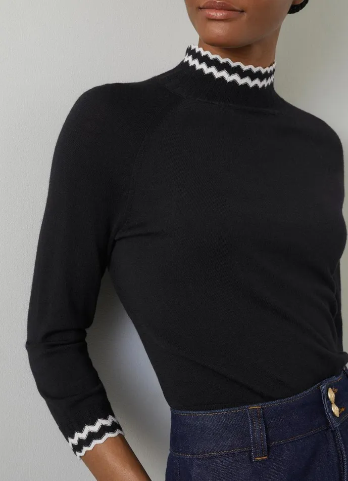 LKBennett Knitwear Women Ethel Black and Ecru Zig Zag Fine Merino Sweater LKBennett Knitwear Women Ethel Black and Ecru Zig Zag Fine Merino Sweater