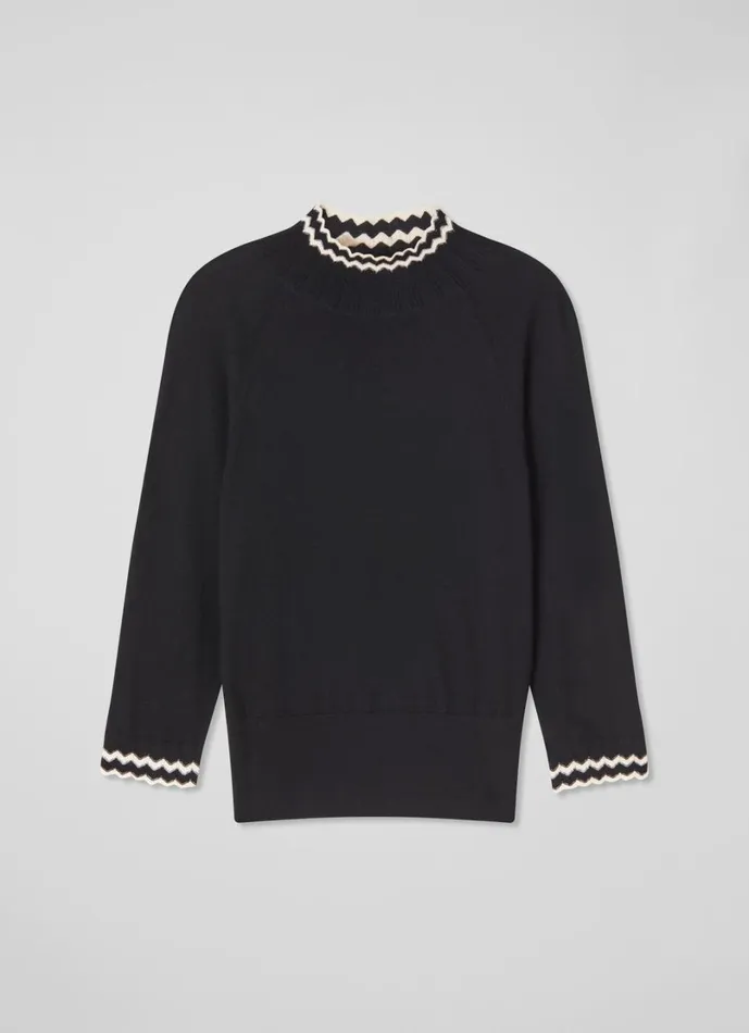 LKBennett Knitwear Women Ethel Black and Ecru Zig Zag Fine Merino Sweater LKBennett Knitwear Women Ethel Black and Ecru Zig Zag Fine Merino Sweater