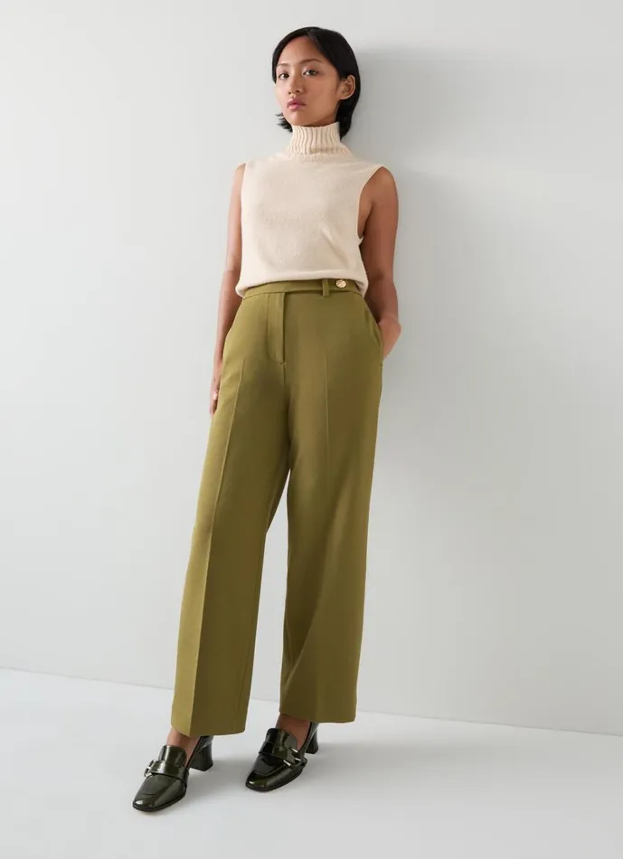 LKBennett Trousers Women Billie Petite LENZING ECOVERO Viscose Olive Tailored Crop Wide Trouser
