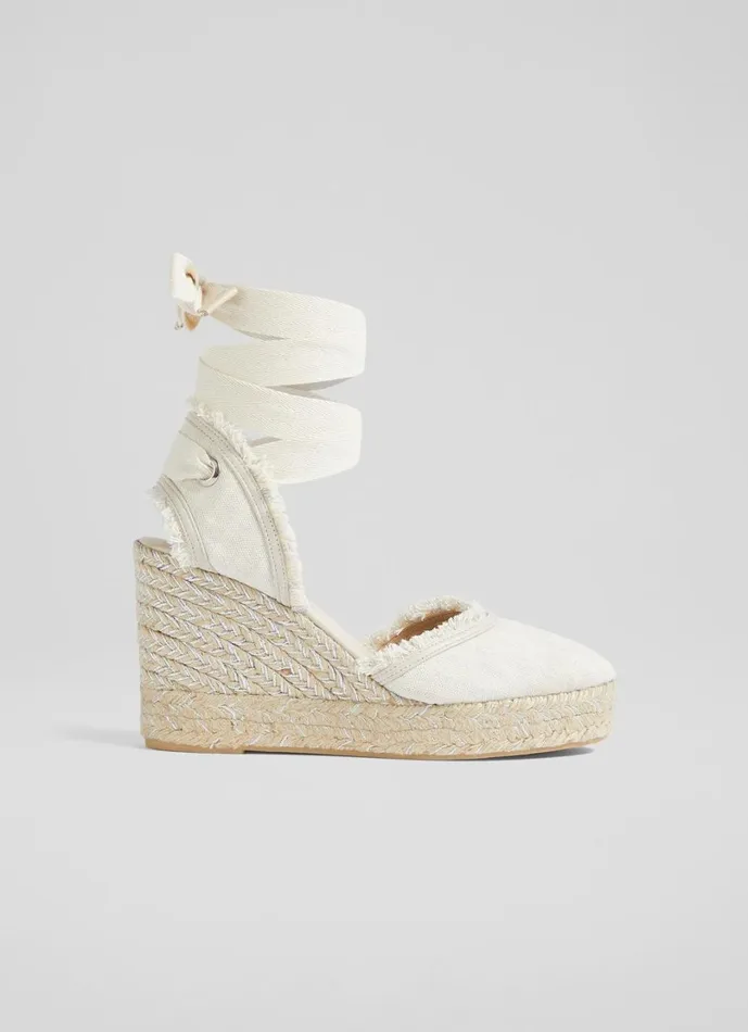 LKBennett Wedges Women Sofia Cream Canvas Espadrille Wedges