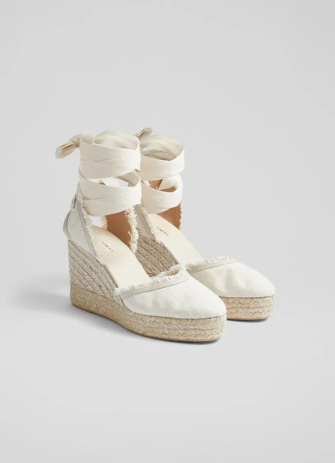 LKBennett Wedges Women Sofia Cream Canvas Espadrille Wedges