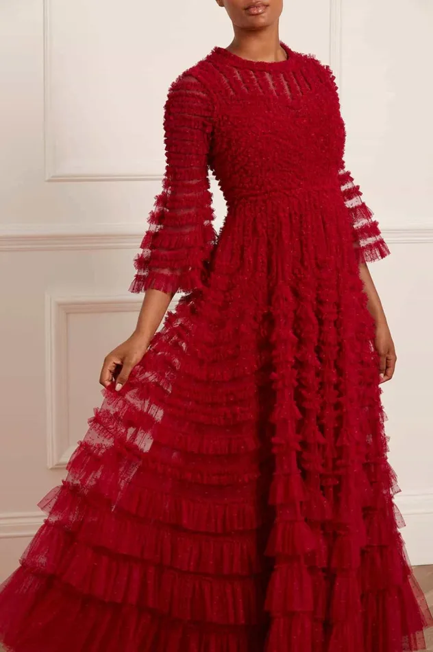 La Vie En Rose Round Neck Gown Red Women Needle and Thread Dresses
