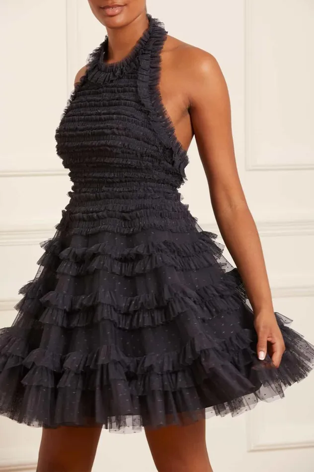 Lisette Ruffle Halter Neck Micro Mini Dress Black Women Needle and Thread Dresses