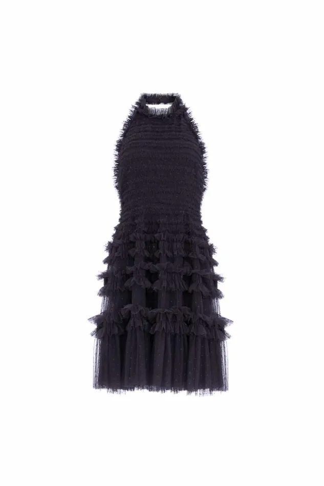 Lisette Ruffle Halter Neck Micro Mini Dress Black Women Needle and Thread Dresses