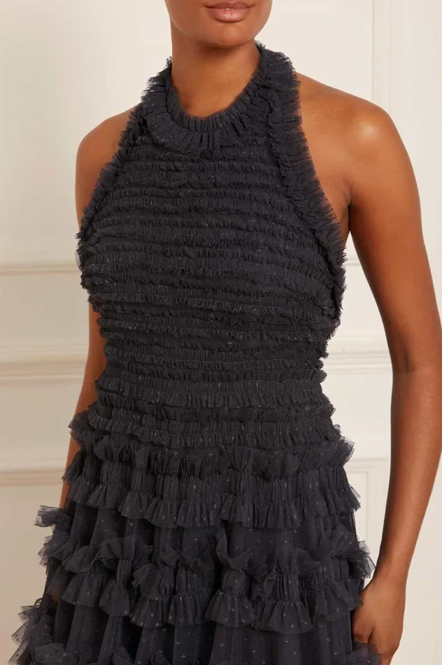 Lisette Ruffle Halter Neck Micro Mini Dress Black Women Needle and Thread Dresses