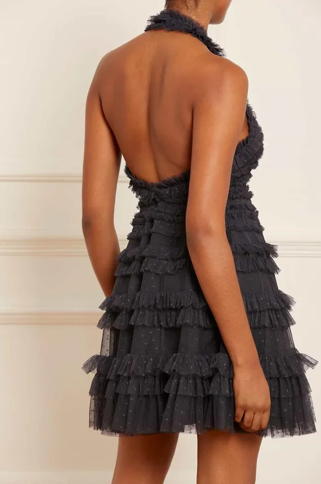 Lisette Ruffle Halter Neck Micro Mini Dress Black Women Needle and Thread Dresses
