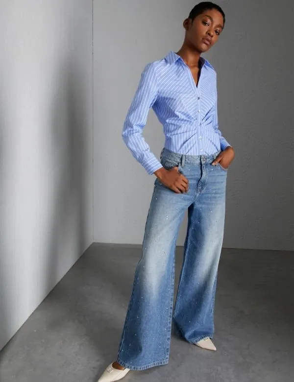 Marella Jeans Women Wideleg Jeans With Rhinestones Light Blue