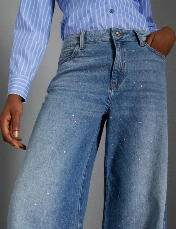 Marella Jeans Women Wideleg Jeans With Rhinestones Light Blue