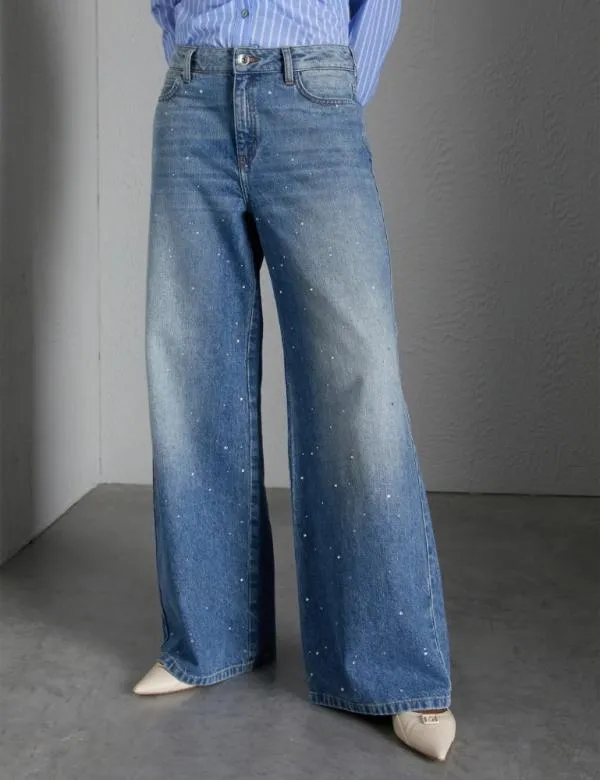 Marella Jeans Women Wideleg Jeans With Rhinestones Light Blue