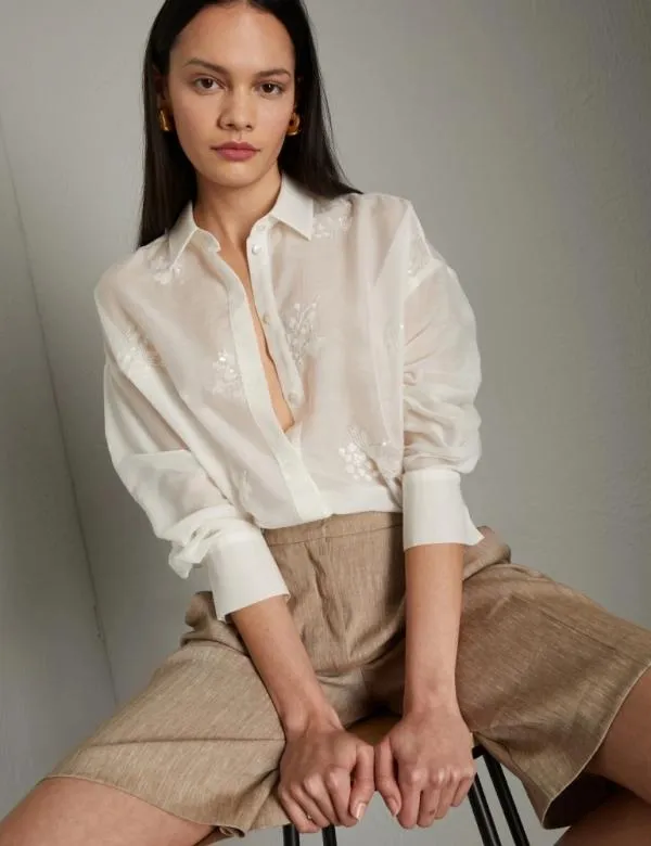 Marella Shirts Women Floral Embroidery Shirt Cream