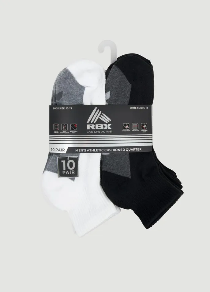 Men 10Pack Quarter Socks Blackwhite RBX Active Socks