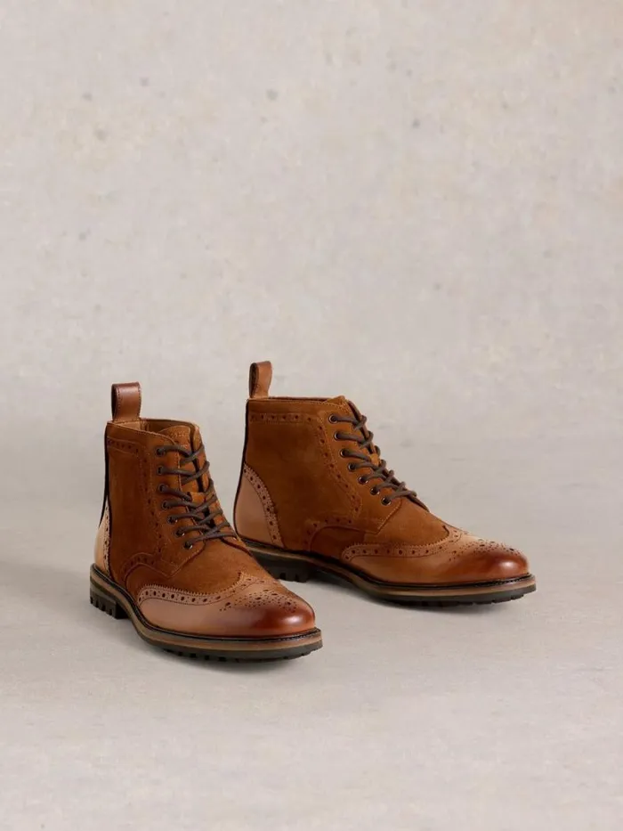 Men Arlo Brogue Leather Boot Mid Tan White Stuff Boots