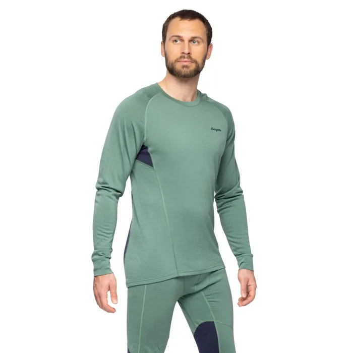 Men Bergans Of Norway Wool Longsleeved Shirts InnerPure Merino Long Sleeve Dark Jade Green Navy Blue