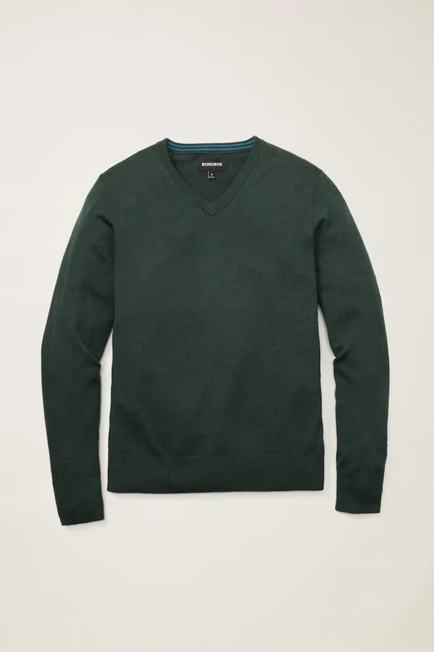 Men Bonobos Crew and VNeck Sweaters Washable Merino VNeck Sweater Heather Forest Green