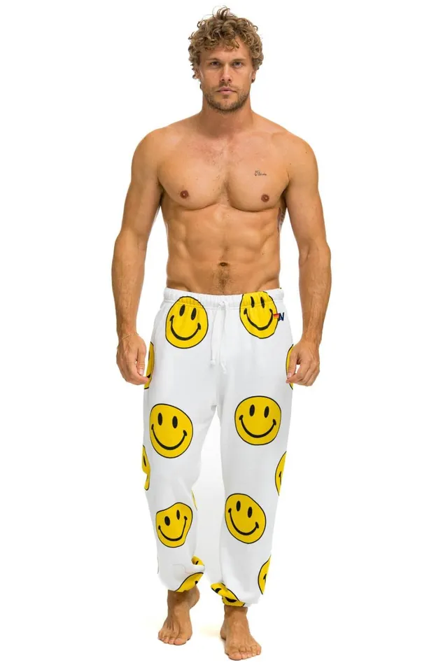 Men Bottoms Aviator Nation SMILEY REPEAT SWEATPANTS 8211 WHITE