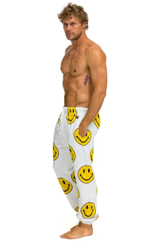 Men Bottoms Aviator Nation SMILEY REPEAT SWEATPANTS 8211 WHITE Men Bottoms Aviator Nation SMILEY REPEAT SWEATPANTS 8211 WHITE