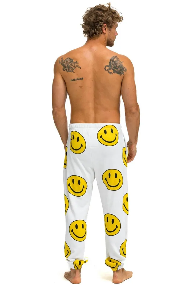 Men Bottoms Aviator Nation SMILEY REPEAT SWEATPANTS 8211 WHITE Men Bottoms Aviator Nation SMILEY REPEAT SWEATPANTS 8211 WHITE