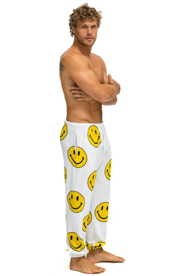 Men Bottoms Aviator Nation SMILEY REPEAT SWEATPANTS 8211 WHITE Men Bottoms Aviator Nation SMILEY REPEAT SWEATPANTS 8211 WHITE