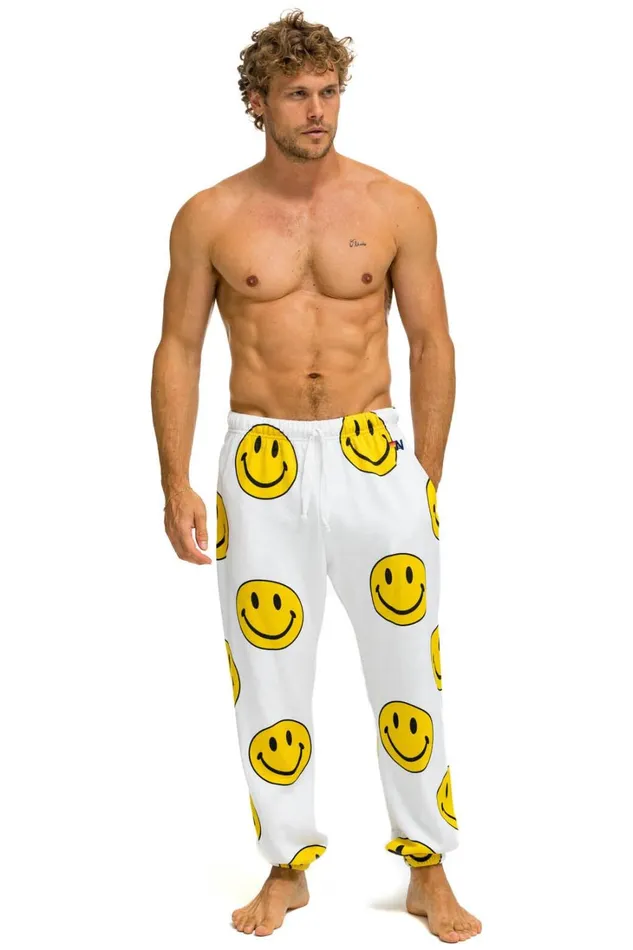 Men Bottoms Aviator Nation SMILEY REPEAT SWEATPANTS 8211 WHITE Men Bottoms Aviator Nation SMILEY REPEAT SWEATPANTS 8211 WHITE