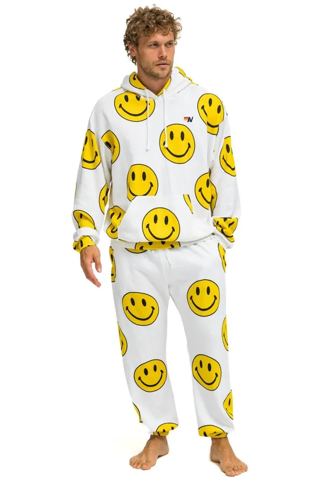 Men Bottoms Aviator Nation SMILEY REPEAT SWEATPANTS 8211 WHITE Men Bottoms Aviator Nation SMILEY REPEAT SWEATPANTS 8211 WHITE