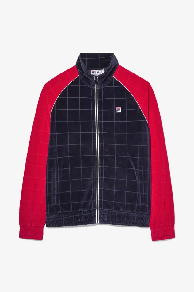 Men Coats and Jackets Fila Ivy League Debossed Check Velour Jacket 488 Fila Navy Fila Red Gardenia