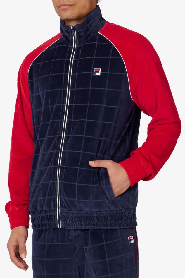 Men Coats and Jackets Fila Ivy League Debossed Check Velour Jacket 488 Fila Navy Fila Red Gardenia