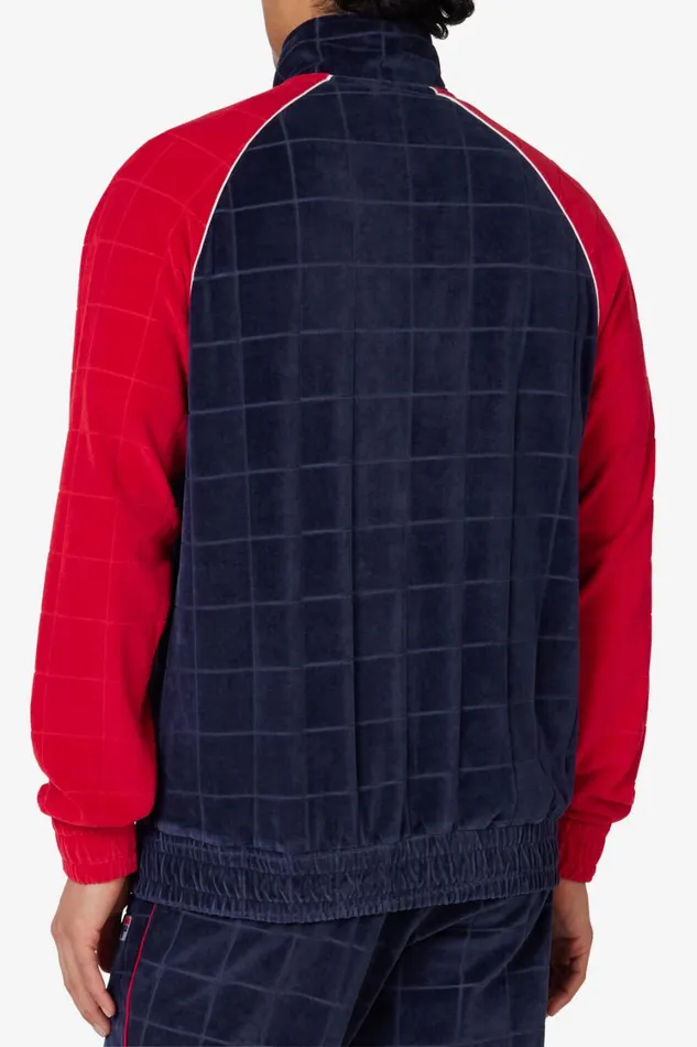 Men Coats and Jackets Fila Ivy League Debossed Check Velour Jacket 488 Fila Navy Fila Red Gardenia